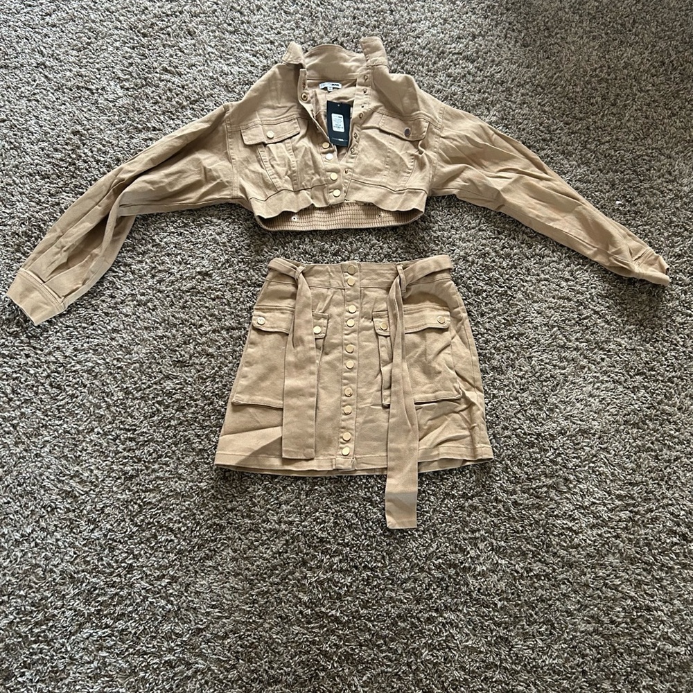 Women's Tan Cropped Jacket & Skirt Set